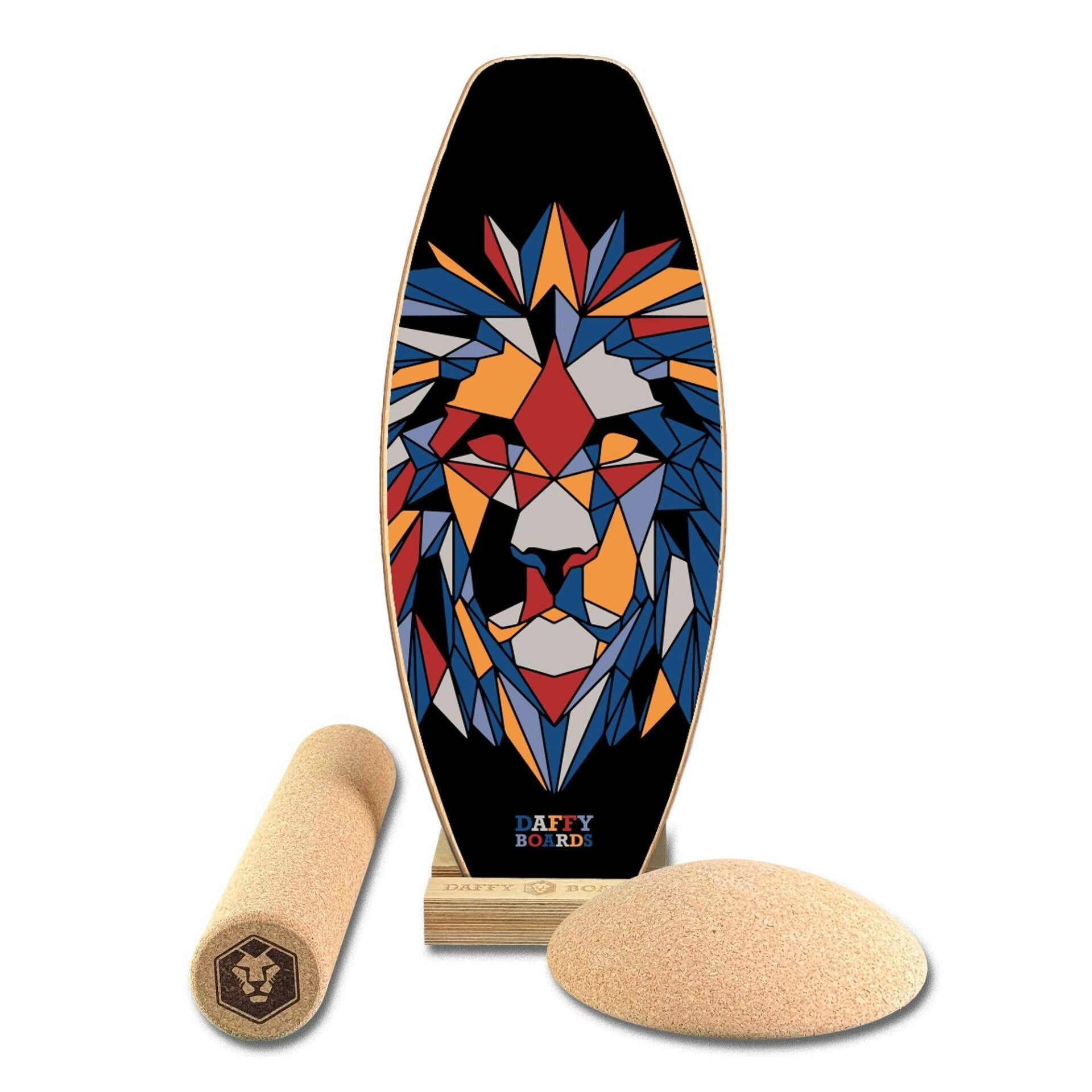 Daffy Boards Super-Bundle: Balance Board + Roller + Cork Half-Sphere + Stand, Design Fractal Lion