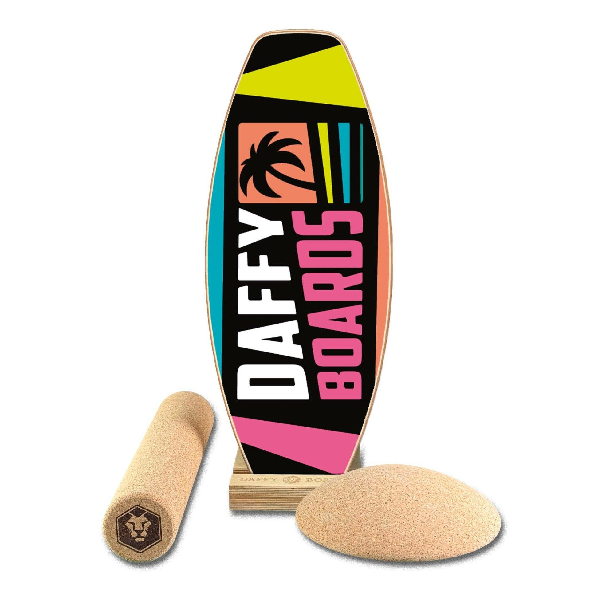 Daffy Boards Super-Bundle: Balance Board + Roller + Cork Half-Sphere + Stand, Design Neon