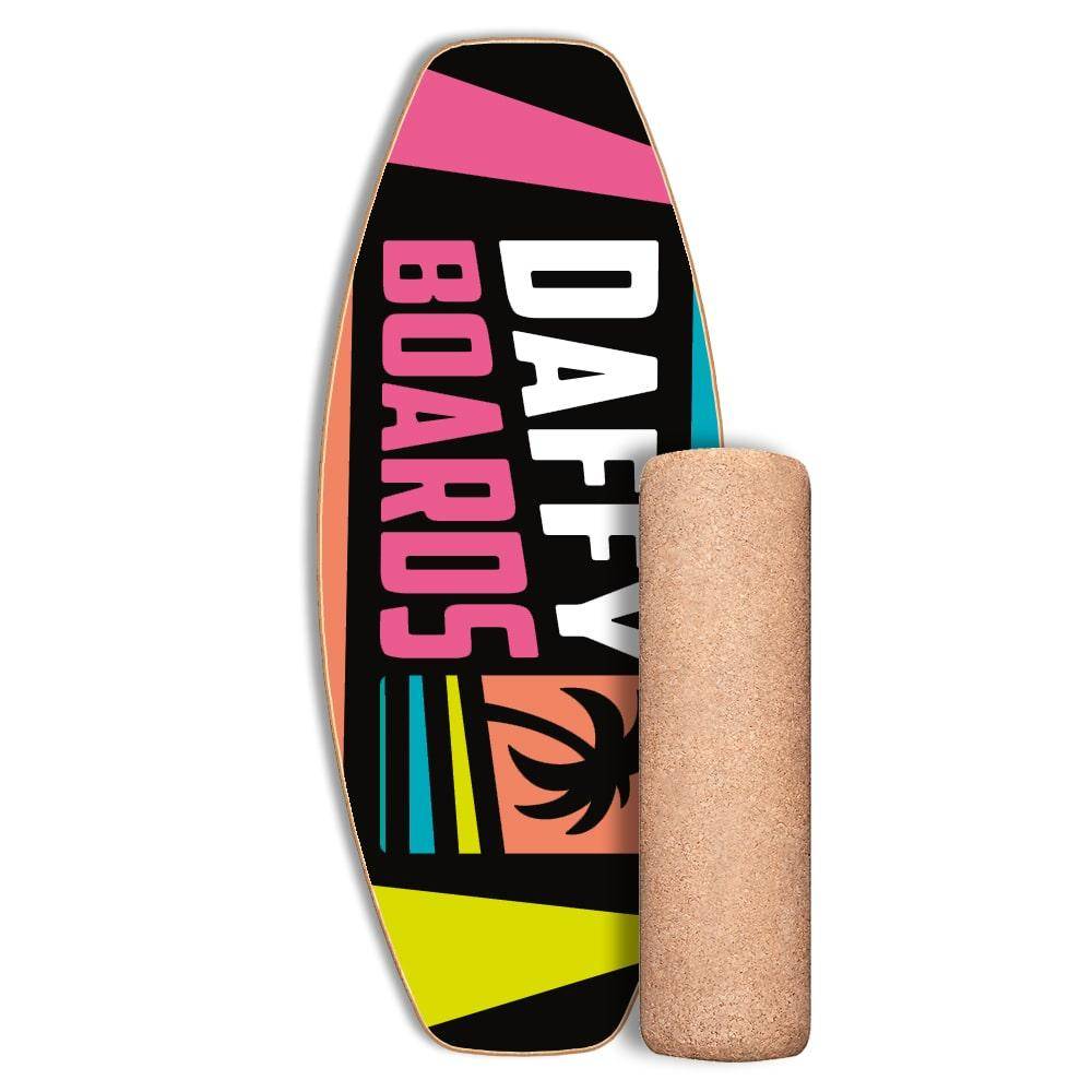 Daffy Boards Super-Bundle: Balance Board + Rolle + Kork-Halbkugel + Ständer, Design Neon