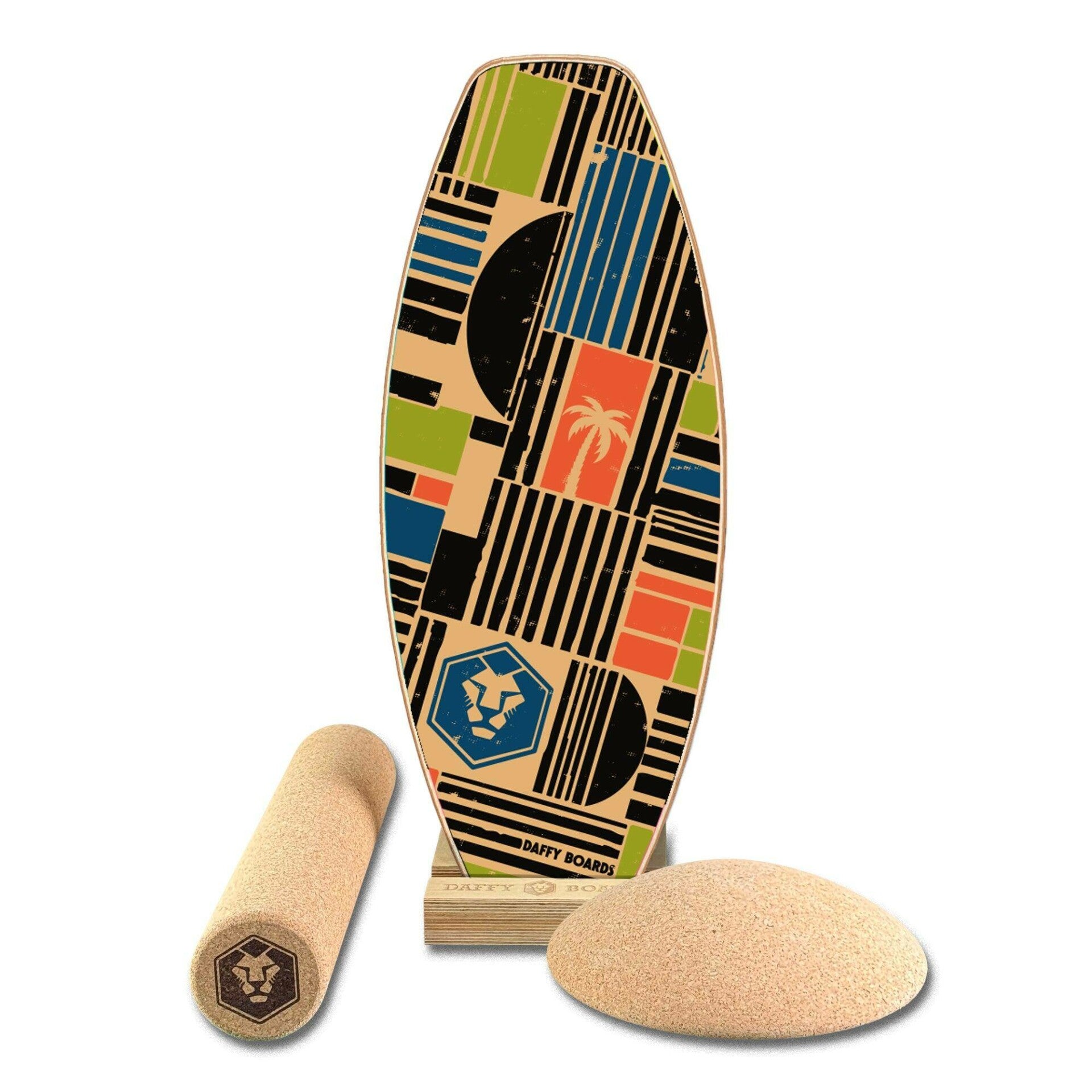Daffy Boards Super-Bundle: Balance Board + Roller + Cork Half-Sphere + Stand, Design Shapes